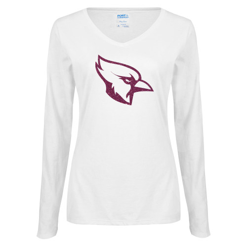  Womens White Long Sleeve V Neck Tee - Glitter Cardinal White Pink Glitter