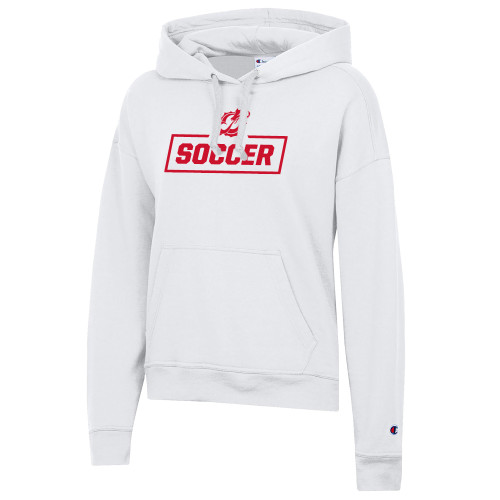  Champion Womens White Powerblend Pullover Hood - MSUM Soccer With Mascot