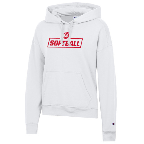  Champion Womens White Powerblend Pullover Hood - MSUM Softball With Mascot
