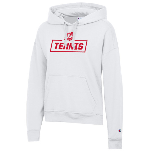  Champion Womens White Powerblend Pullover Hood - MSUM Tennis With Mascot