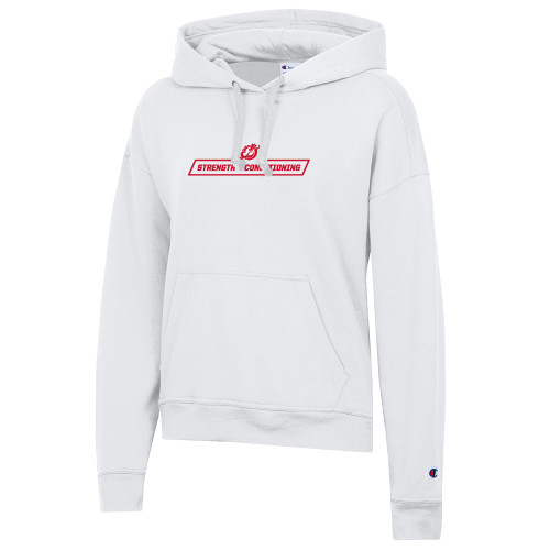  Champion Womens White Powerblend Pullover Hood - MSUM Strength and Conditioning With Mascot
