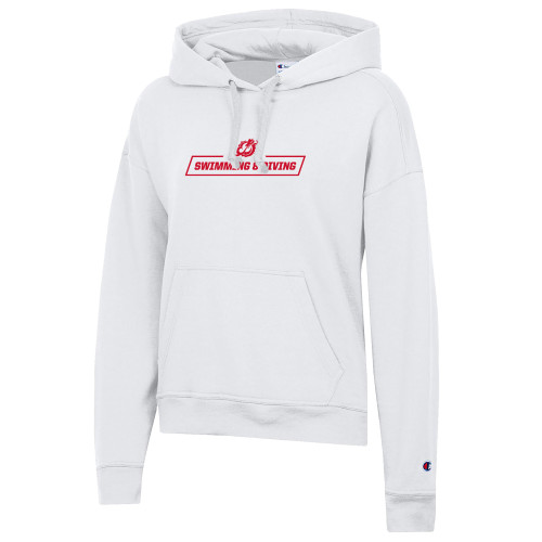  Champion Womens White Powerblend Pullover Hood - MSUM Swimming and Diving With Mascot