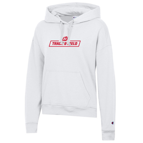  Champion Womens White Powerblend Pullover Hood - MSUM Track and Field With Mascot