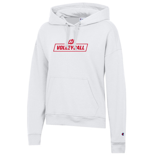  Champion Womens White Powerblend Pullover Hood - MSUM Volleyball With Mascot
