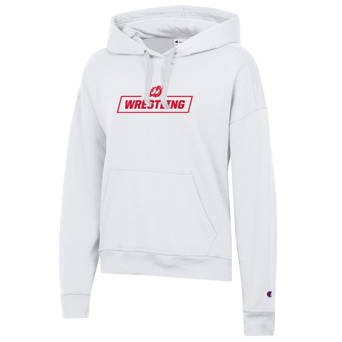  Champion Womens White Powerblend Pullover Hood - MSUM Wrestling With Mascot