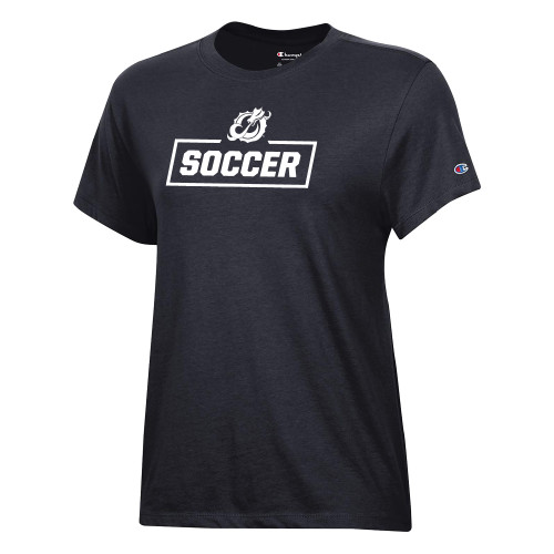  Champion Womens Black Core Short Sleeve Tee - MSUM Soccer With Mascot