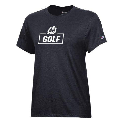  Champion Womens Black Core Short Sleeve Tee - MSUM Golf With Mascot