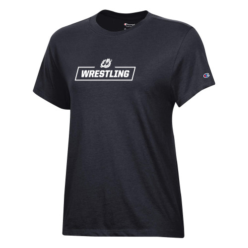  Champion Womens Black Core Short Sleeve Tee - MSUM Wrestling With Mascot