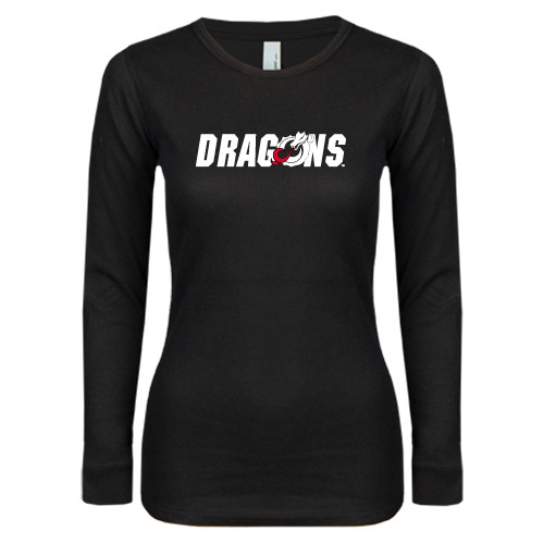  Womens Black Long Sleeve V Neck Tee  - Dragons