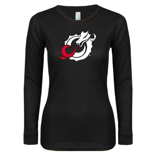  Womens Black Long Sleeve V Neck Tee  - Dragon Mark