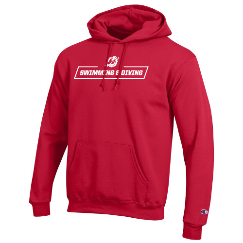  Champion Scarlet Red Fleece Hoodie - MSUM Swimming and Diving With Mascot