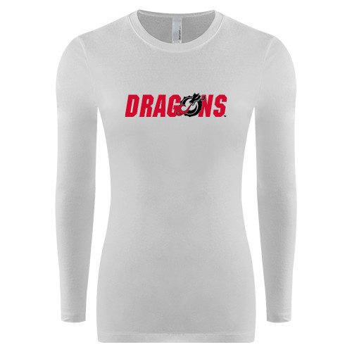  Womens White Long Sleeve V Neck Tee - Dragons