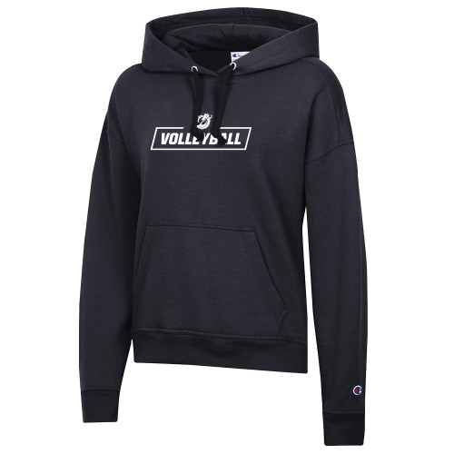  Champion Womens Black Powerblend Pullover Hood - MSUM Volleyball With Mascot