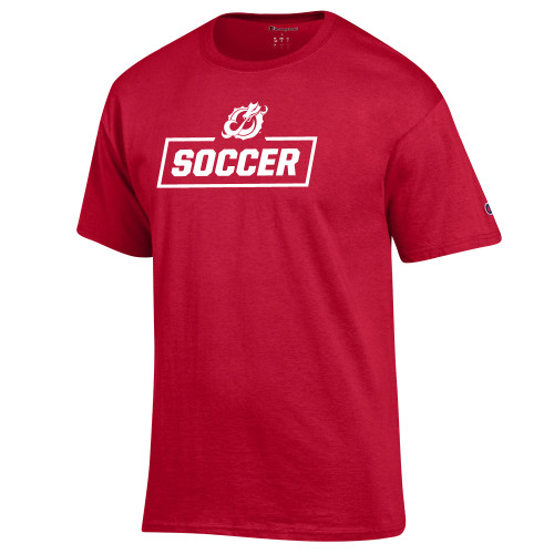  Champion Scarlet Red T Shirt - MSUM Soccer With Mascot