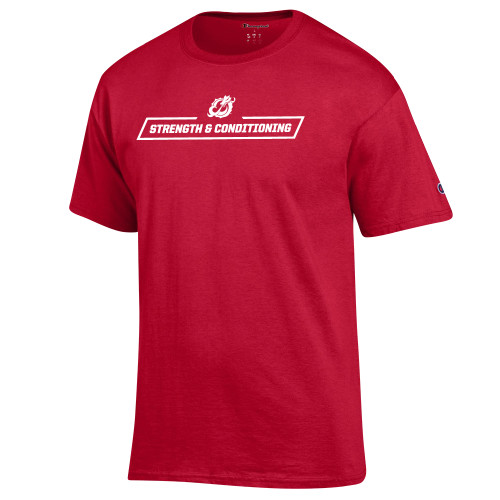  Champion Scarlet Red T Shirt - MSUM Strength and Conditioning With Mascot