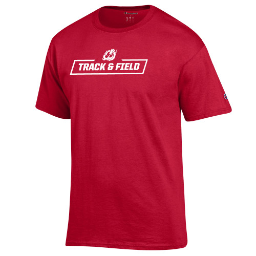  Champion Scarlet Red T Shirt - MSUM Track and Field With Mascot