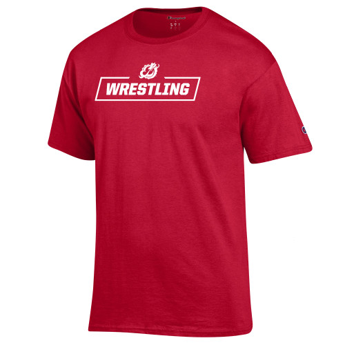  Champion Scarlet Red T Shirt - MSUM Wrestling With Mascot