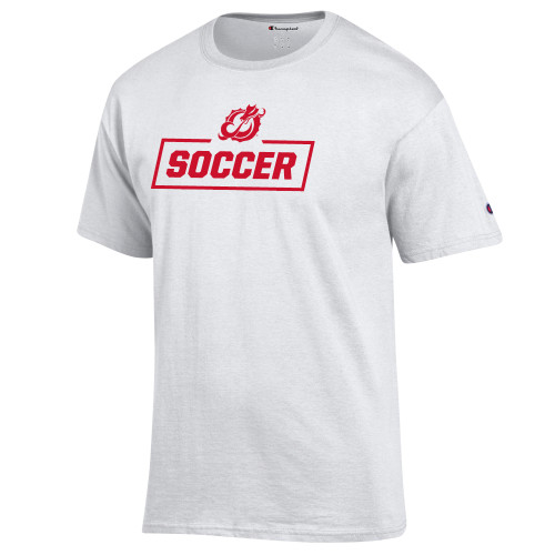  Champion White T Shirt - MSUM Soccer With Mascot