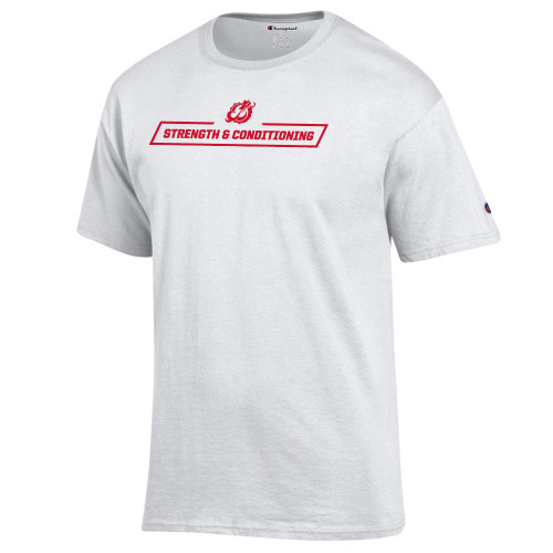  Champion White T Shirt - MSUM Strength and Conditioning With Mascot