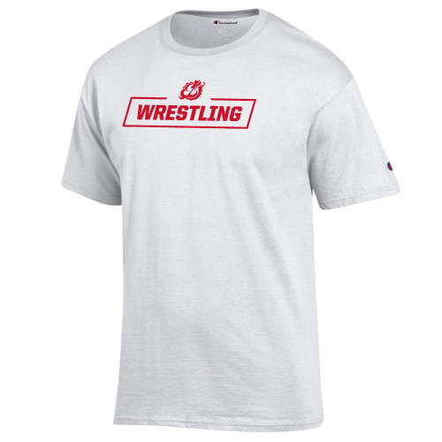  Champion White T Shirt - MSUM Wrestling With Mascot