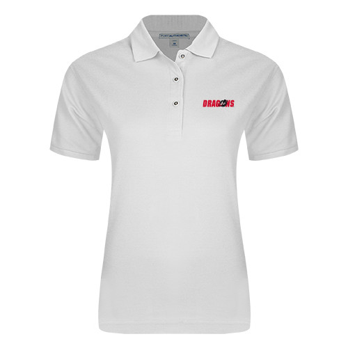  Womens Silk Touch White Pique Polo - Dragons