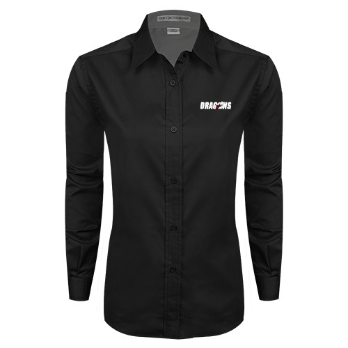  Womens Black Twill Button Down Long Sleeve  - Dragons