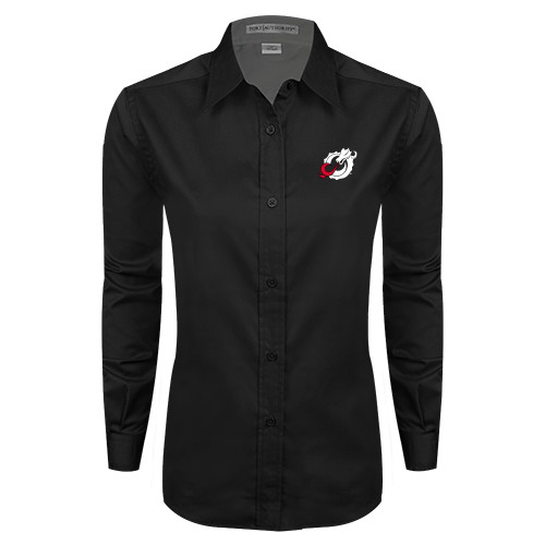  Womens Black Twill Button Down Long Sleeve  - Dragon Mark