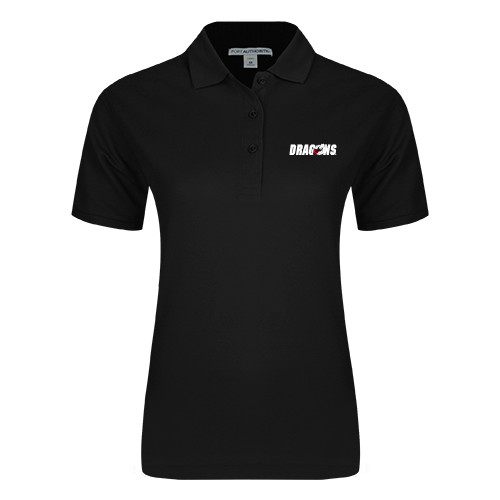  Womens Silk Touch Black Pique Polo - Dragons