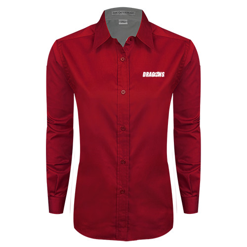  Womens Red Twill Button Down Long Sleeve  - Dragons