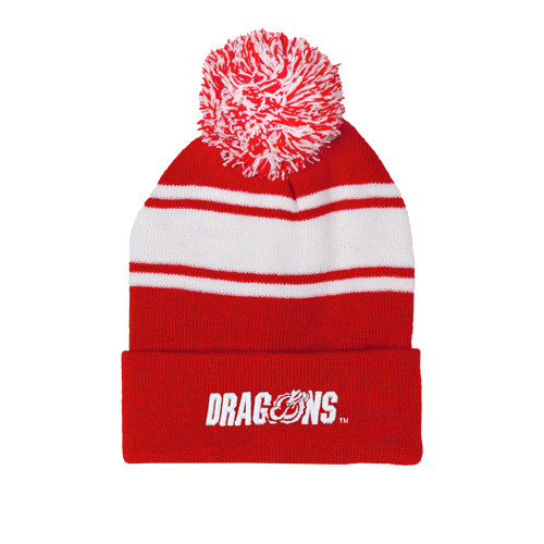  Red/White Two Tone Knit Pom Beanie w/Cuff - Dragons