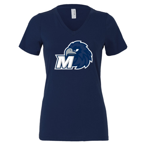  Bella + Canvas Womens Navy V Neck Cotton T Shirt - Monmouth M with Hawk Head