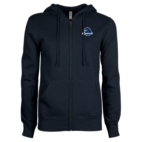  ENZA Womens Navy Fleece Full Zip Hoodie - Monmouth Wordmark with Hawk Head