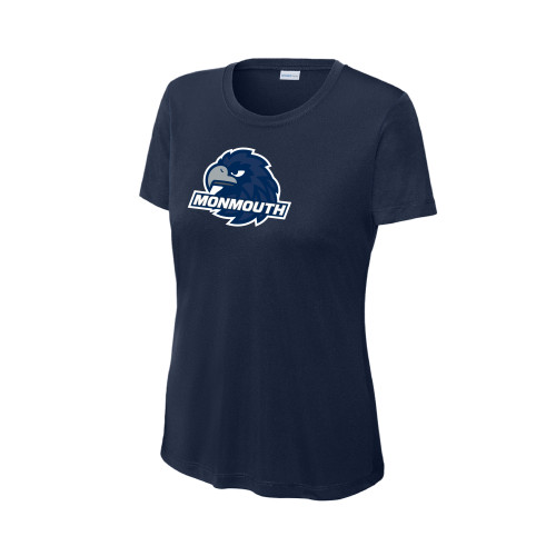 Womens Navy Performance Tee - Monmouth Wordmark with Hawk Head