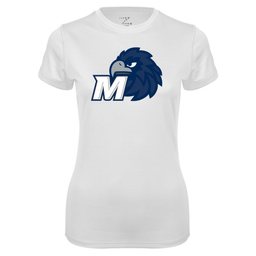  Womens White Performance Tee - Monmouth M with Hawk Head