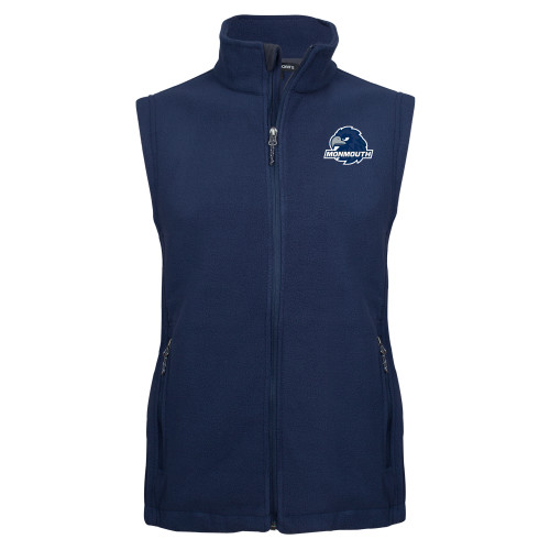  Navy Fleece Full Zip Vest - Monmouth Wordmark with Hawk Head