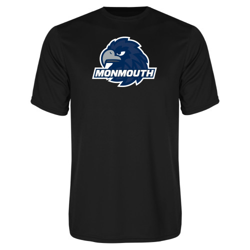  Black Performance Tee - Monmouth Wordmark with Hawk Head