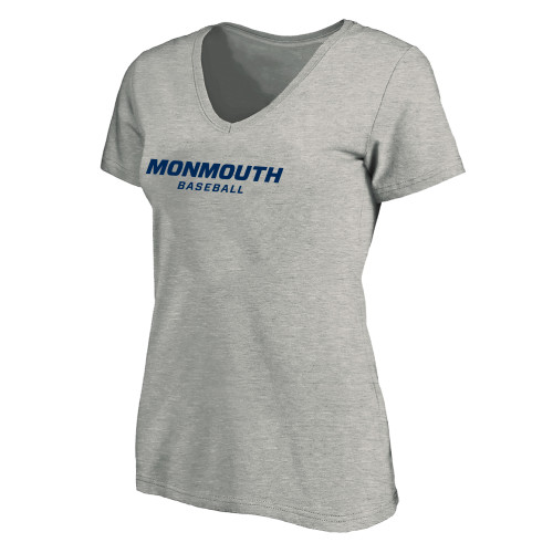  Womens Plus Heather Grey V Neck T Shirt - Monmouth Wordmark Baseball