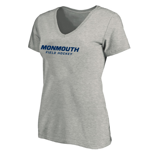  Womens Plus Heather Grey V Neck T Shirt - Monmouth Wordmark Field Hockey