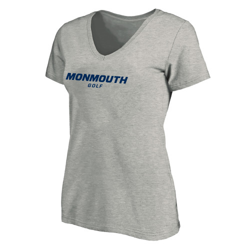  Womens Plus Heather Grey V Neck T Shirt - Monmouth Wordmark Golf