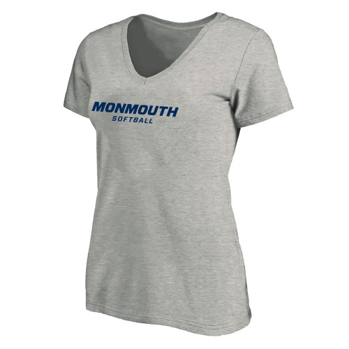  Womens Plus Heather Grey V Neck T Shirt - Monmouth Wordmark Softball