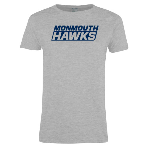  Womens Grey Short Sleeve Tee - Monmouth Hawks Stacked