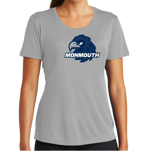  Womens Grey Performance Short Sleeve Tee - Monmouth Wordmark with Hawk Head