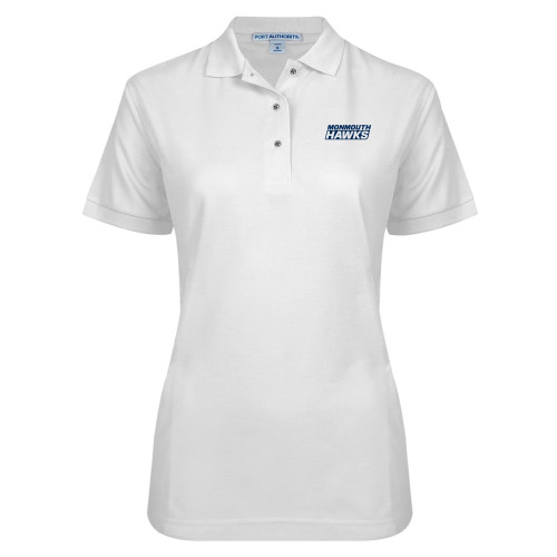  Womens Silk Touch White Pique Polo - Monmouth Hawks Stacked