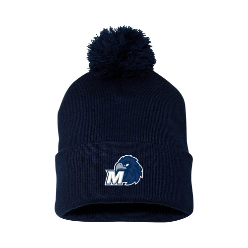  Sportsman Navy Pom Pom Cuffed Beanie - Monmouth M with Hawk Head