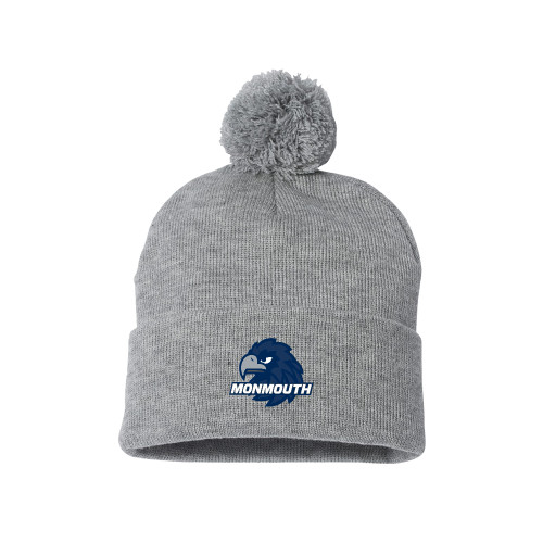  Sportsman Heather Grey Pom Pom Cuffed Beanie - Monmouth Wordmark with Hawk Head