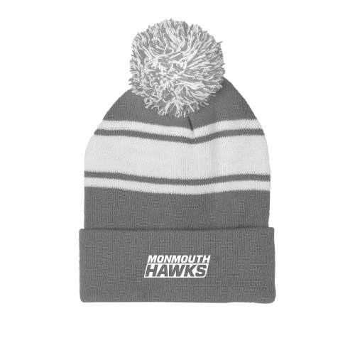  Grey/White Two Tone Knit Pom Beanie w/Cuff - Monmouth Hawks Stacked