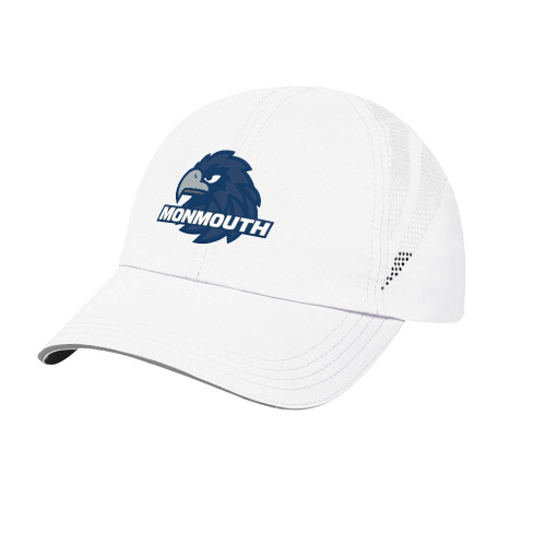  White Performance Cap - Monmouth Wordmark with Hawk Head