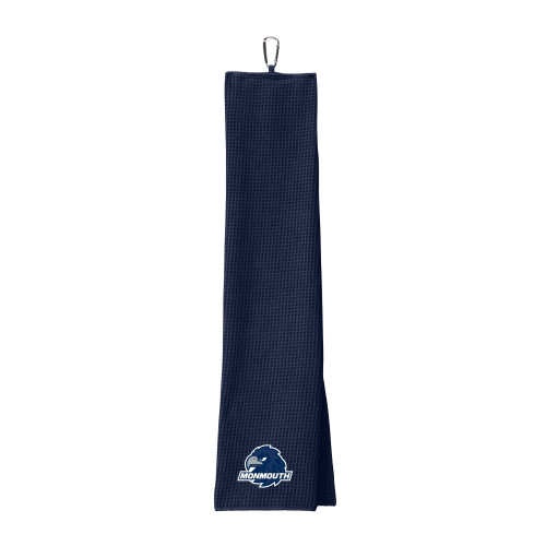  Navy Waffle Microfiber Golf Towel - Monmouth Wordmark with Hawk Head