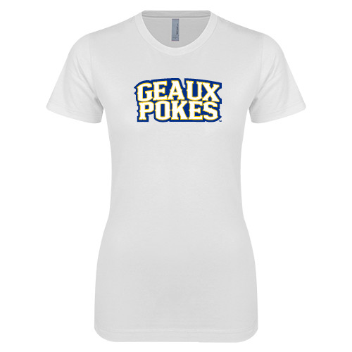  Next Level Womens White Boyfriend Tee - Geaux Pokes Stacked