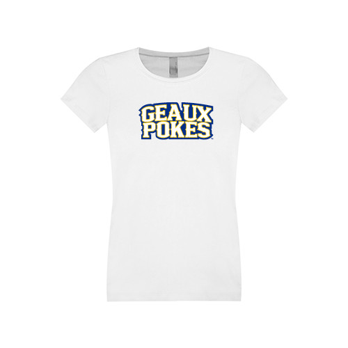  Next Level Girls White Fashion Fit T Shirt - Geaux Pokes Stacked